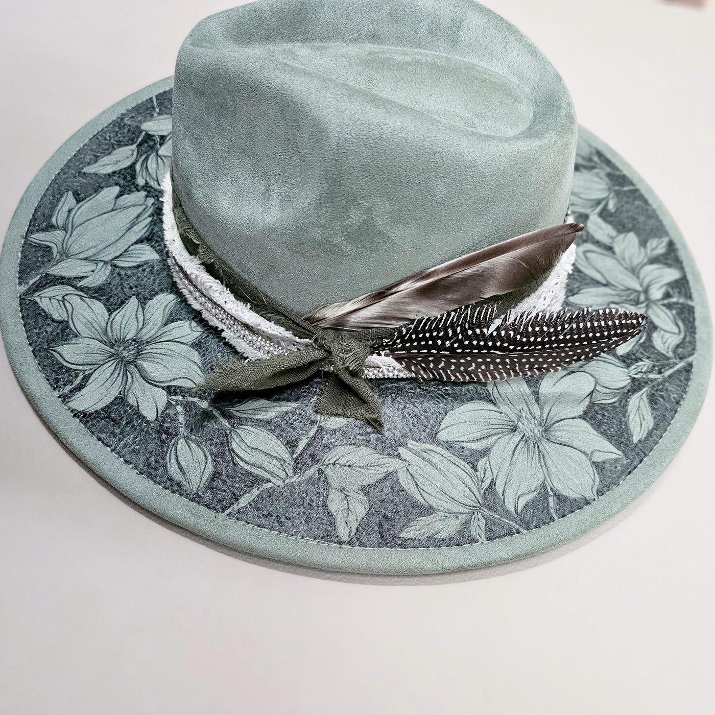 Magnolia Beauty || Sage Green Suede Burned Wide Brim Hat
