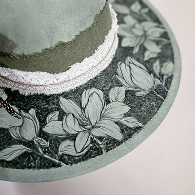Magnolia Beauty || Sage Green Suede Burned Wide Brim Hat