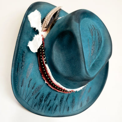 Wheat Fields || Turquoise Burned Skinny Brim Cowboy Style Hat