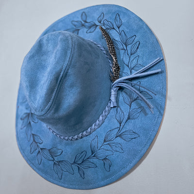 Let's Go Somewhere|| Blue Suede Burned Wide Brim Floppy Hat