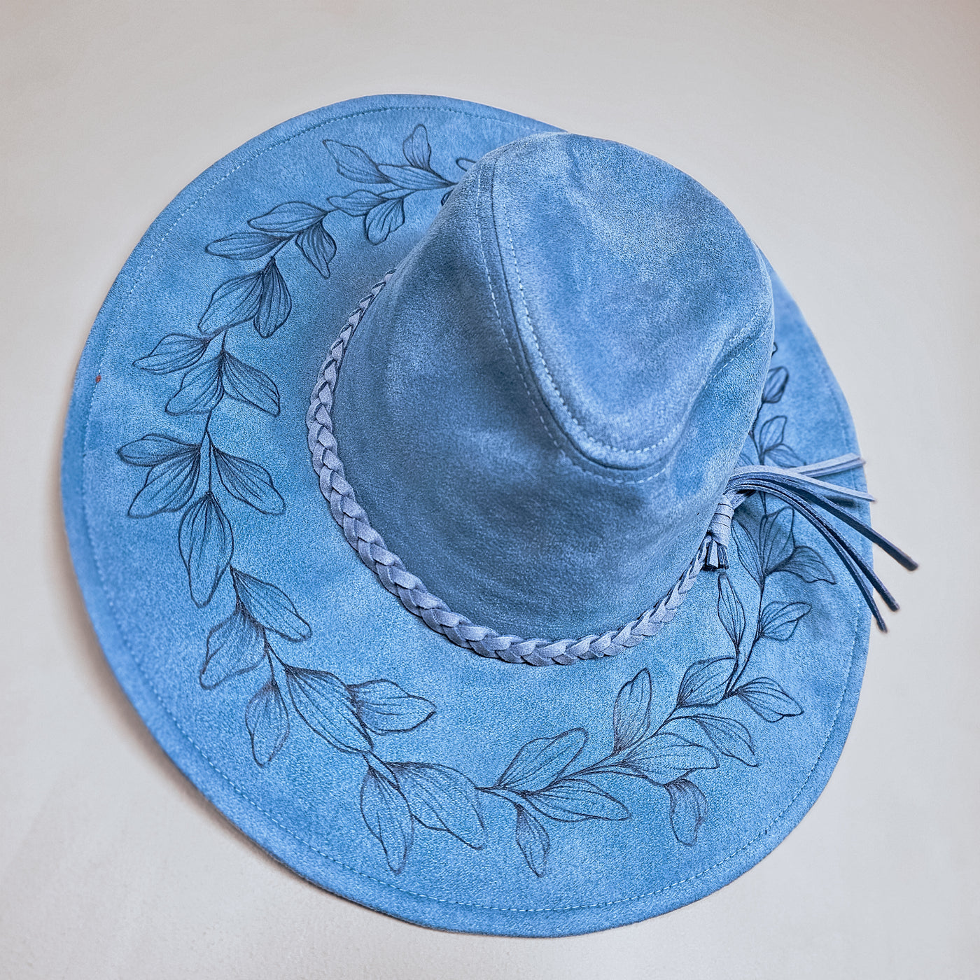 Let's Go Somewhere|| Blue Suede Burned Wide Brim Floppy Hat