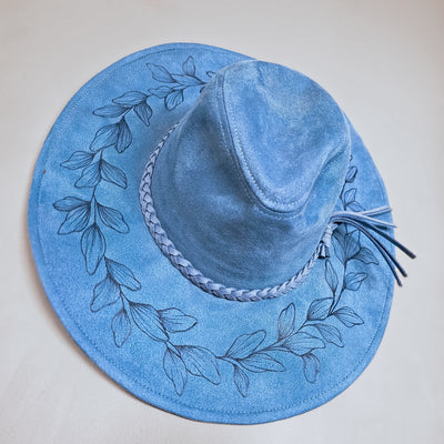 Let's Go Somewhere|| Blue Suede Burned Wide Brim Floppy Hat