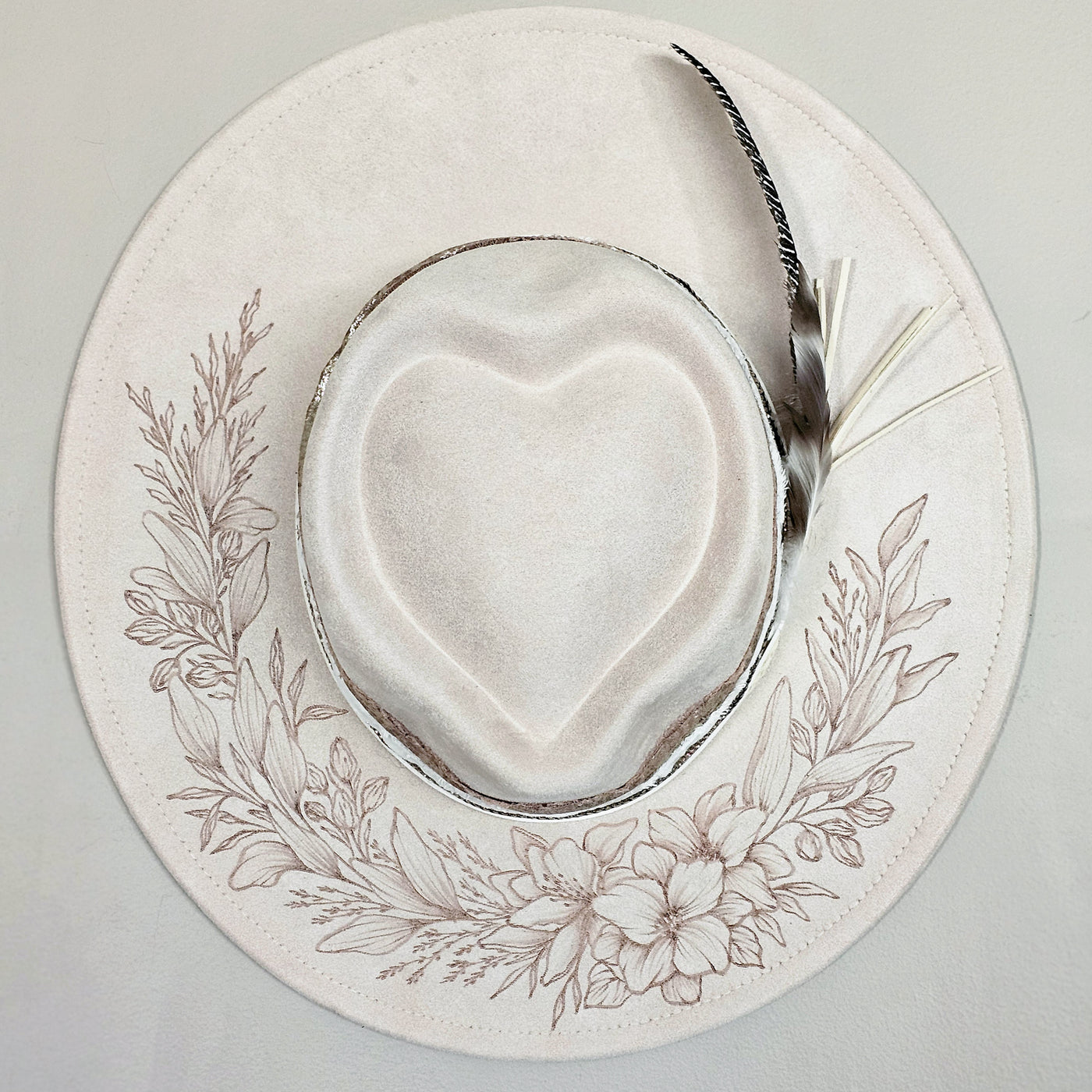 Happy Heart || Ivory Suede Burned Wide Brim Heart Hat