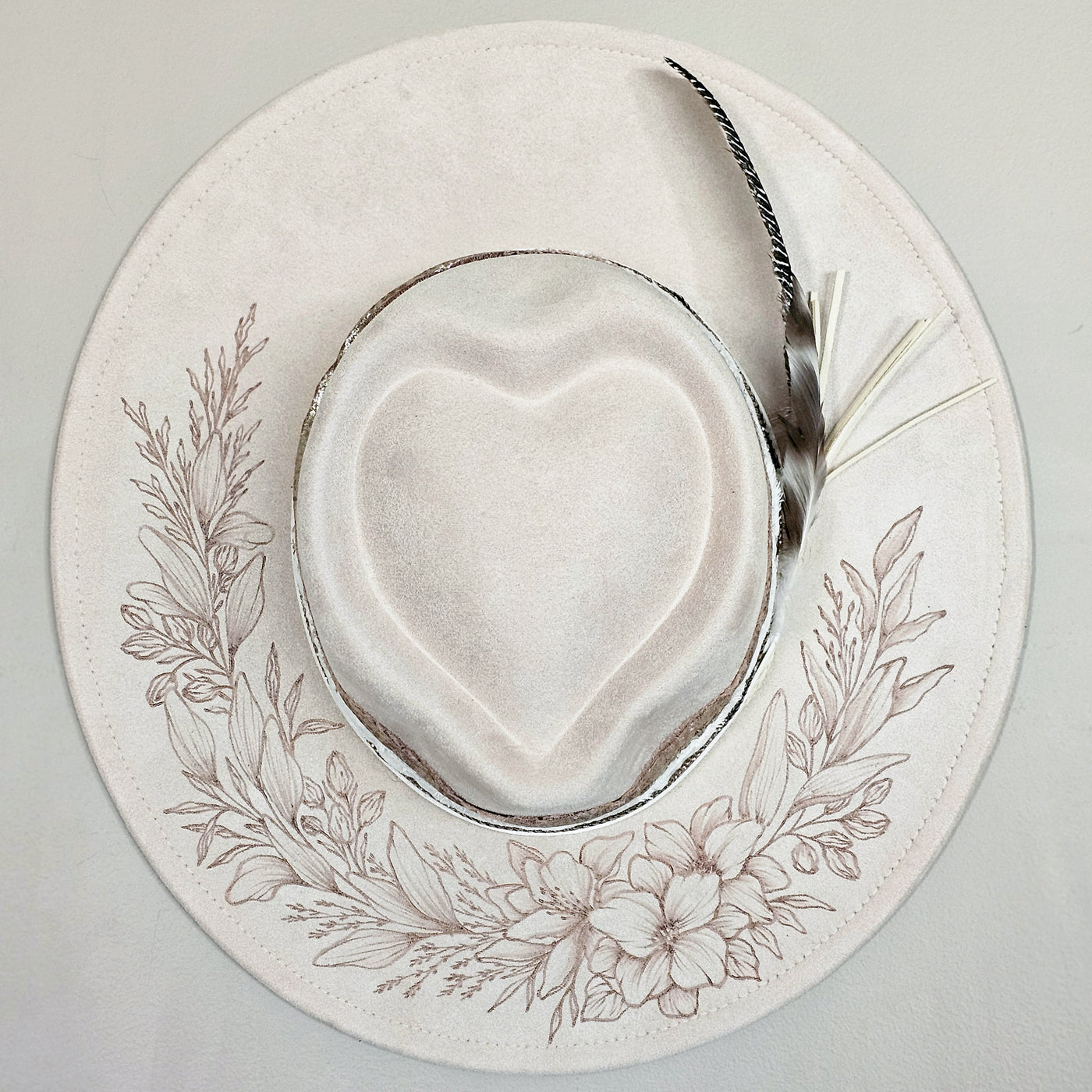 Happy Heart || Ivory Suede Burned Wide Brim Heart Hat