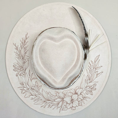 Happy Heart || Ivory Suede Burned Wide Brim Heart Hat