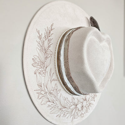 Happy Heart || Ivory Suede Burned Wide Brim Heart Hat