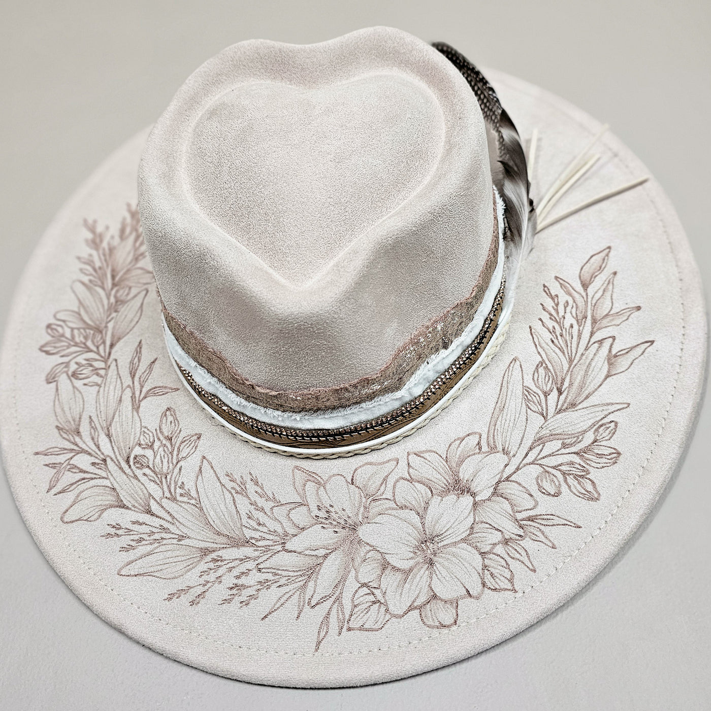 Happy Heart || Ivory Suede Burned Wide Brim Heart Hat