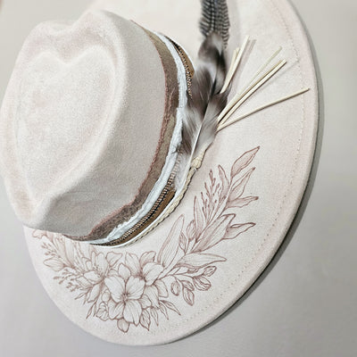 Happy Heart || Ivory Suede Burned Wide Brim Heart Hat