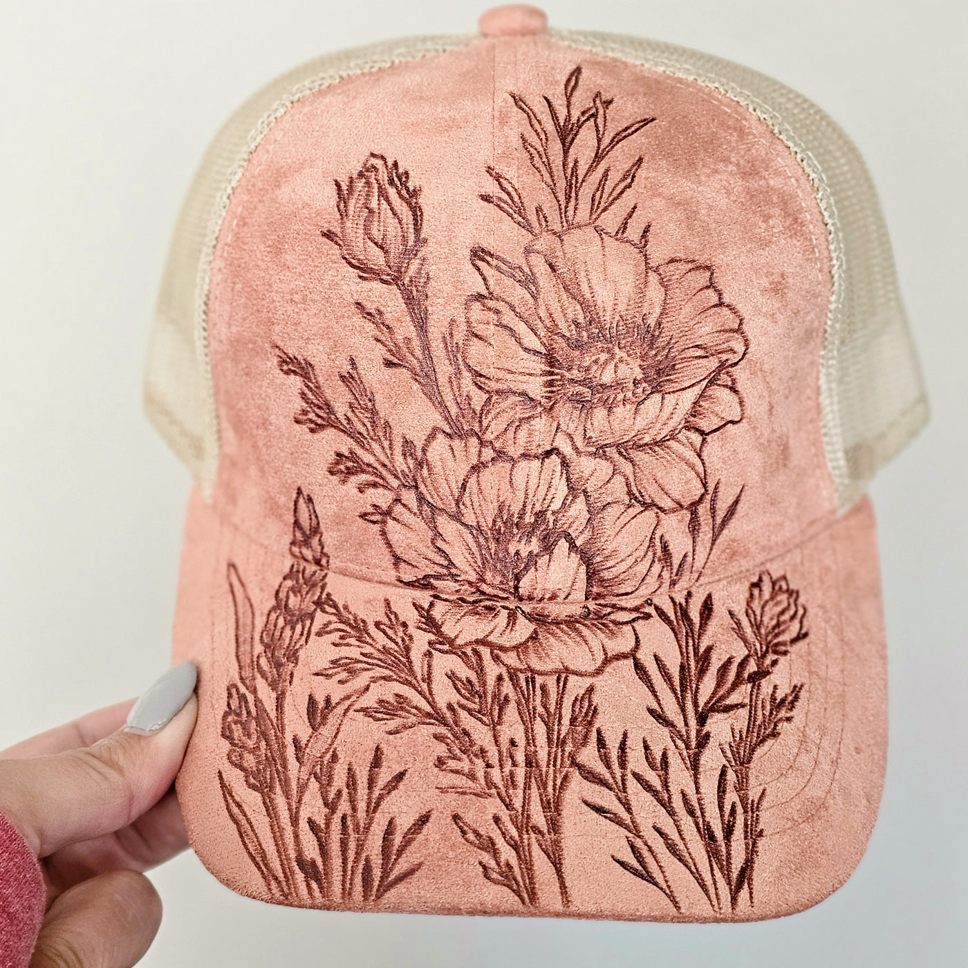 Floral Stems || Coral and Cream Suede Baseball Mesh Trucker Style Hat || Freehand Burned