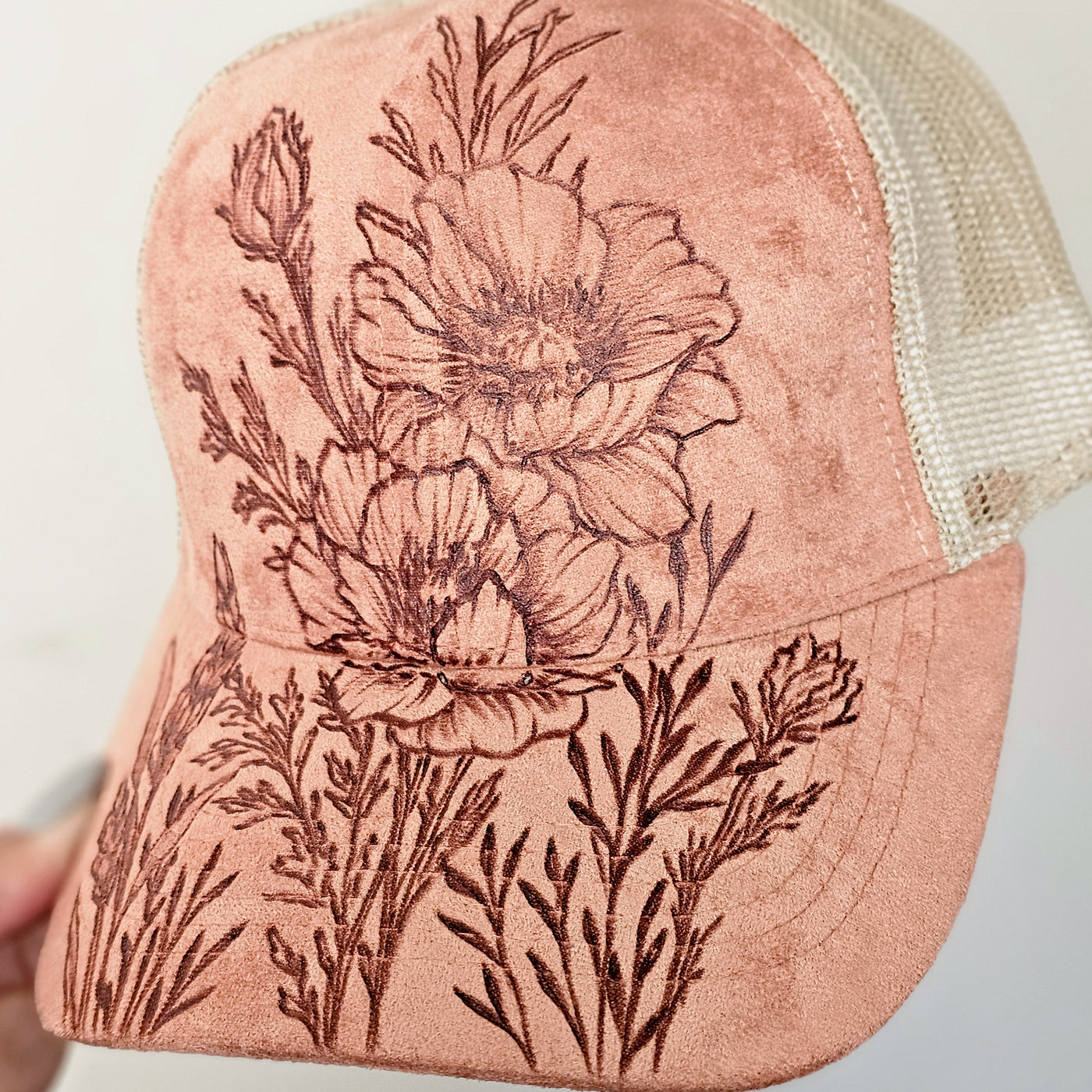Floral Stems || Coral and Cream Suede Baseball Mesh Trucker Style Hat || Freehand Burned