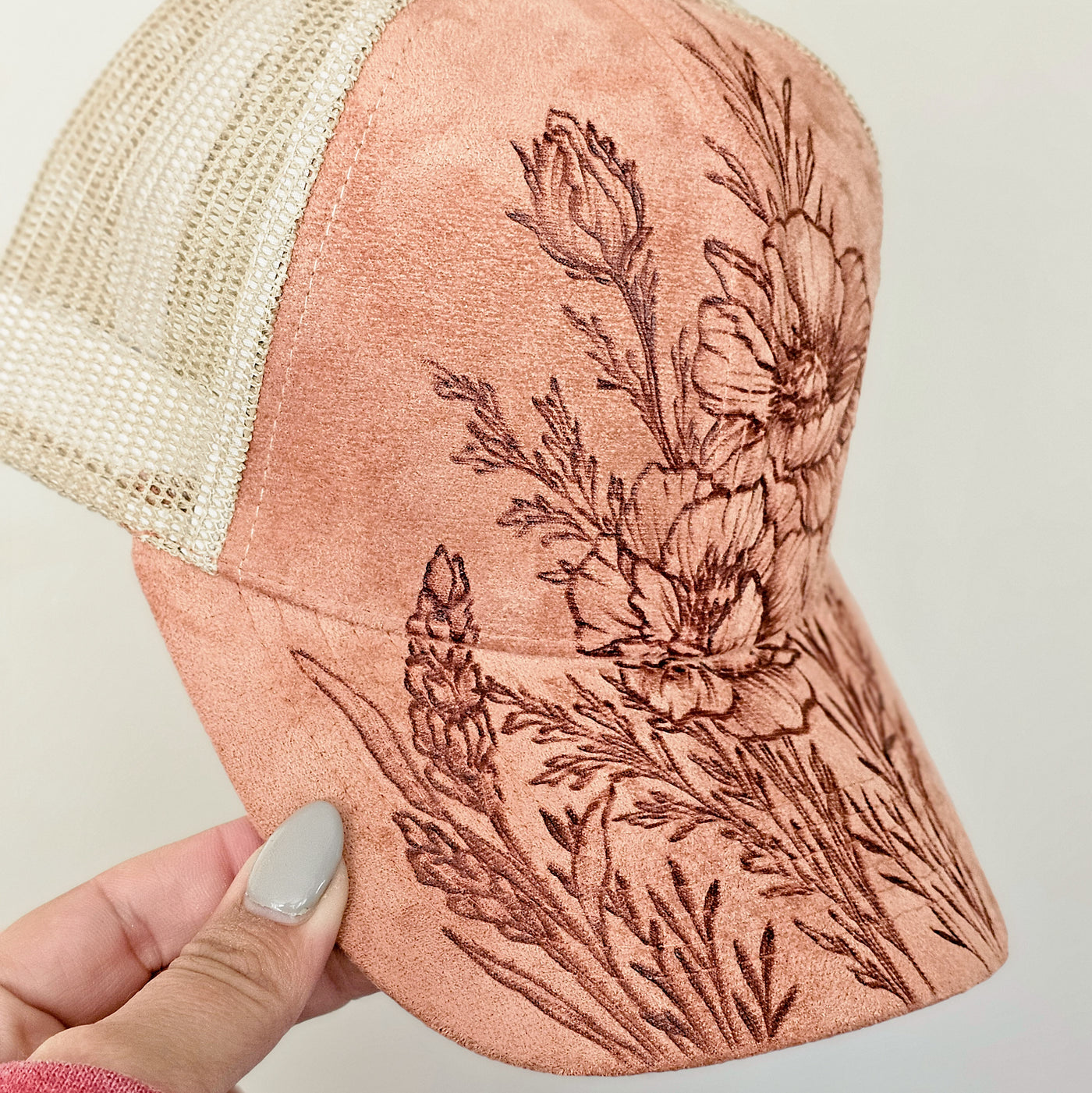 Floral Stems || Coral and Cream Suede Baseball Mesh Trucker Style Hat || Freehand Burned