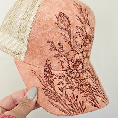 Floral Stems || Coral and Cream Suede Baseball Mesh Trucker Style Hat || Freehand Burned