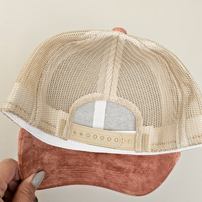 Floral Stems || Coral and Cream Suede Baseball Mesh Trucker Style Hat || Freehand Burned