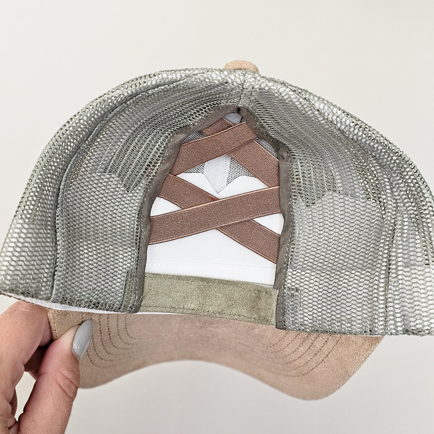 Rosettes || Olive and Tan Suede Baseball Mesh Trucker Ponytail Style Hat || Freehand Burned