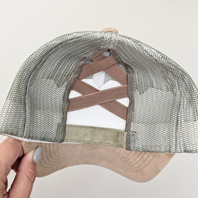 Rosettes || Olive and Tan Suede Baseball Mesh Trucker Ponytail Style Hat || Freehand Burned