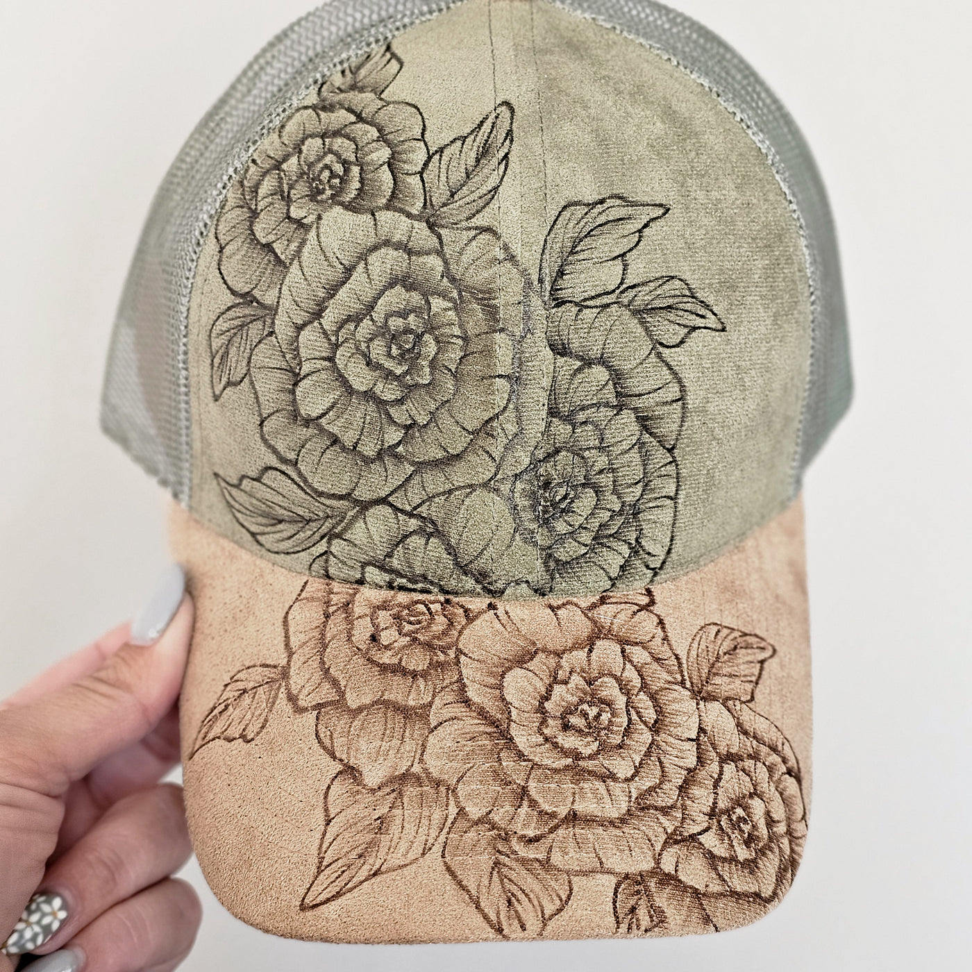 Rosettes || Olive and Tan Suede Baseball Mesh Trucker Ponytail Style Hat || Freehand Burned