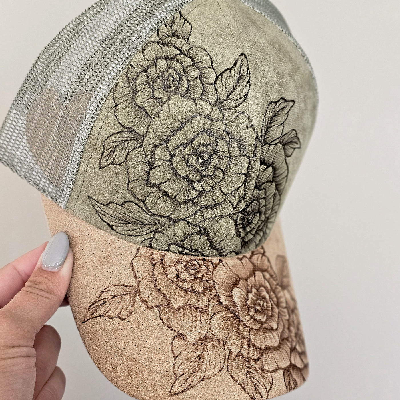 Rosettes || Olive and Tan Suede Baseball Mesh Trucker Ponytail Style Hat || Freehand Burned