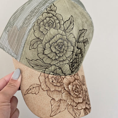 Rosettes || Olive and Tan Suede Baseball Mesh Trucker Ponytail Style Hat || Freehand Burned