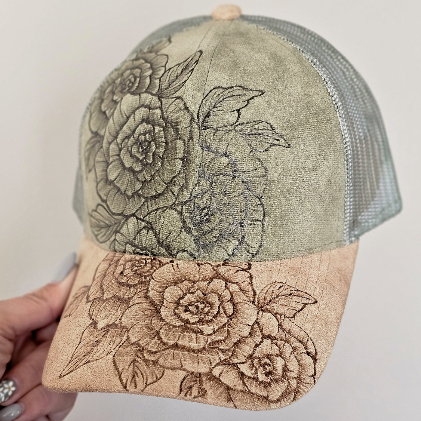 Rosettes || Olive and Tan Suede Baseball Mesh Trucker Ponytail Style Hat || Freehand Burned