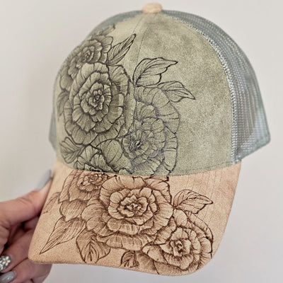 Rosettes || Olive and Tan Suede Baseball Mesh Trucker Ponytail Style Hat || Freehand Burned