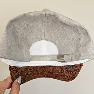 Desert Views || Gray Suede Baseball Style Hat || Freehand Burned