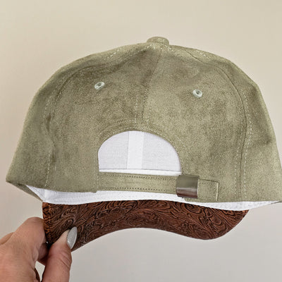 Mountain Views || Olive Suede Baseball Style Hat || Freehand Burned