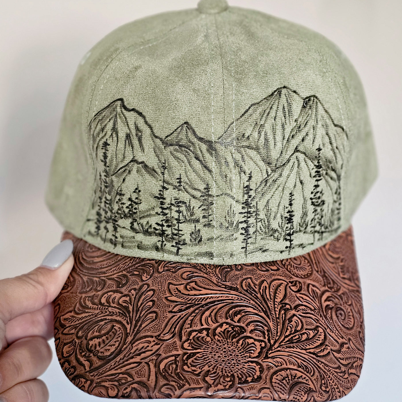 Mountain Views || Olive Suede Baseball Style Hat || Freehand Burned