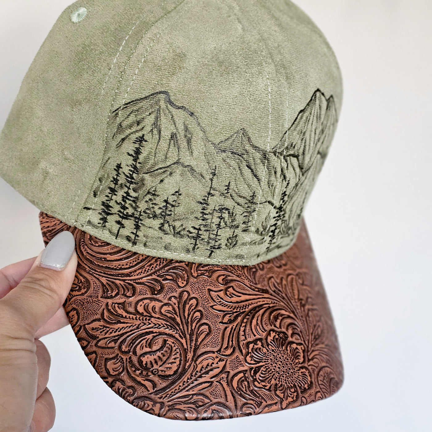 Mountain Views || Olive Suede Baseball Style Hat || Freehand Burned