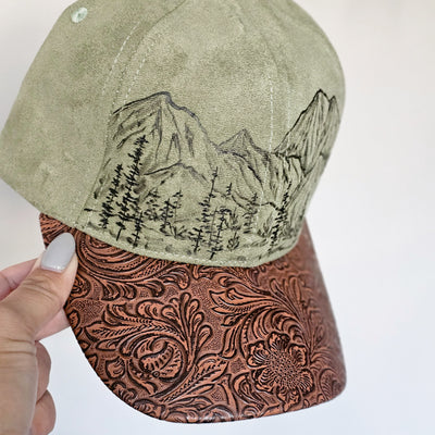 Mountain Views || Olive Suede Baseball Style Hat || Freehand Burned