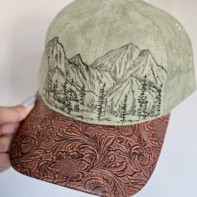 Mountain Views || Olive Suede Baseball Style Hat || Freehand Burned