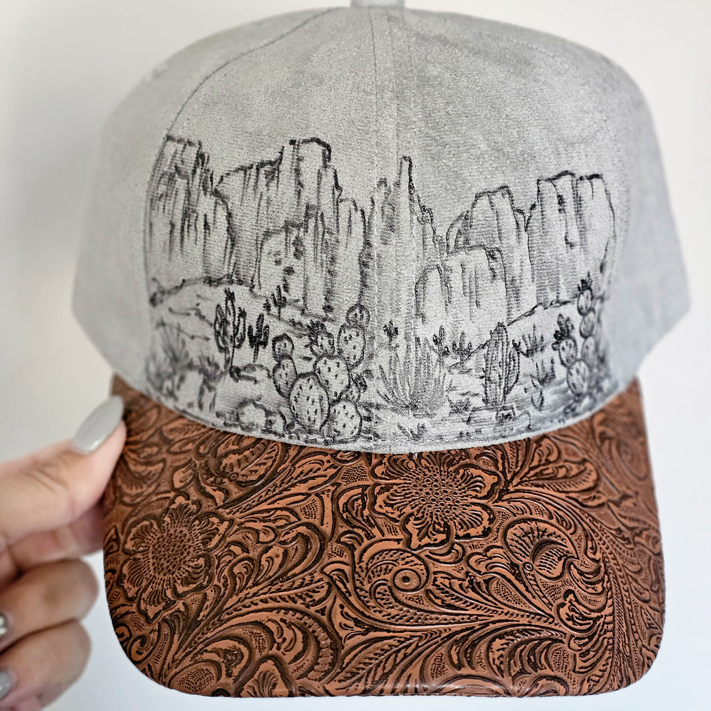 Desert Views || Gray Suede Baseball Style Hat || Freehand Burned