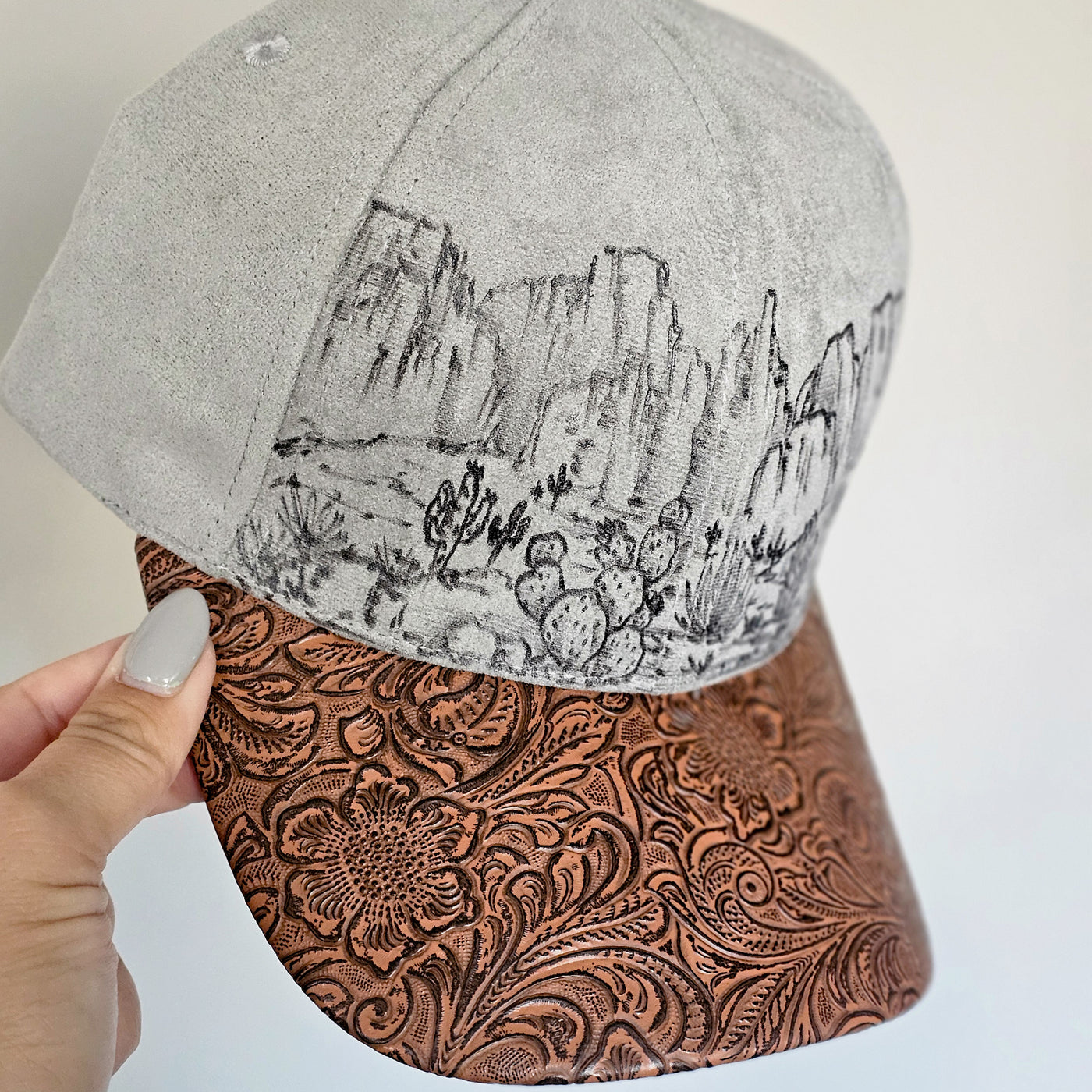 Desert Views || Gray Suede Baseball Style Hat || Freehand Burned