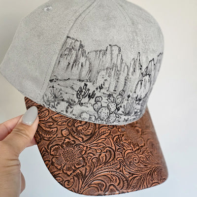 Desert Views || Gray Suede Baseball Style Hat || Freehand Burned