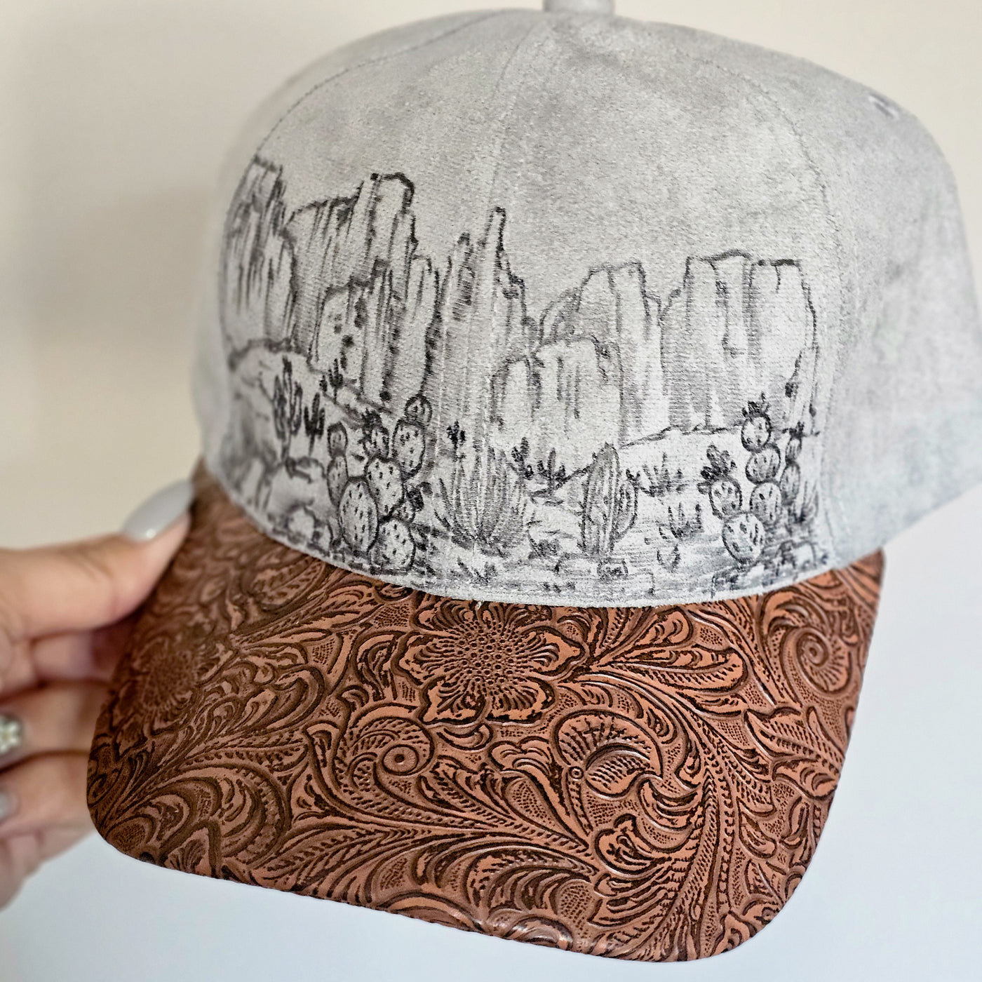 Desert Views || Gray Suede Baseball Style Hat || Freehand Burned