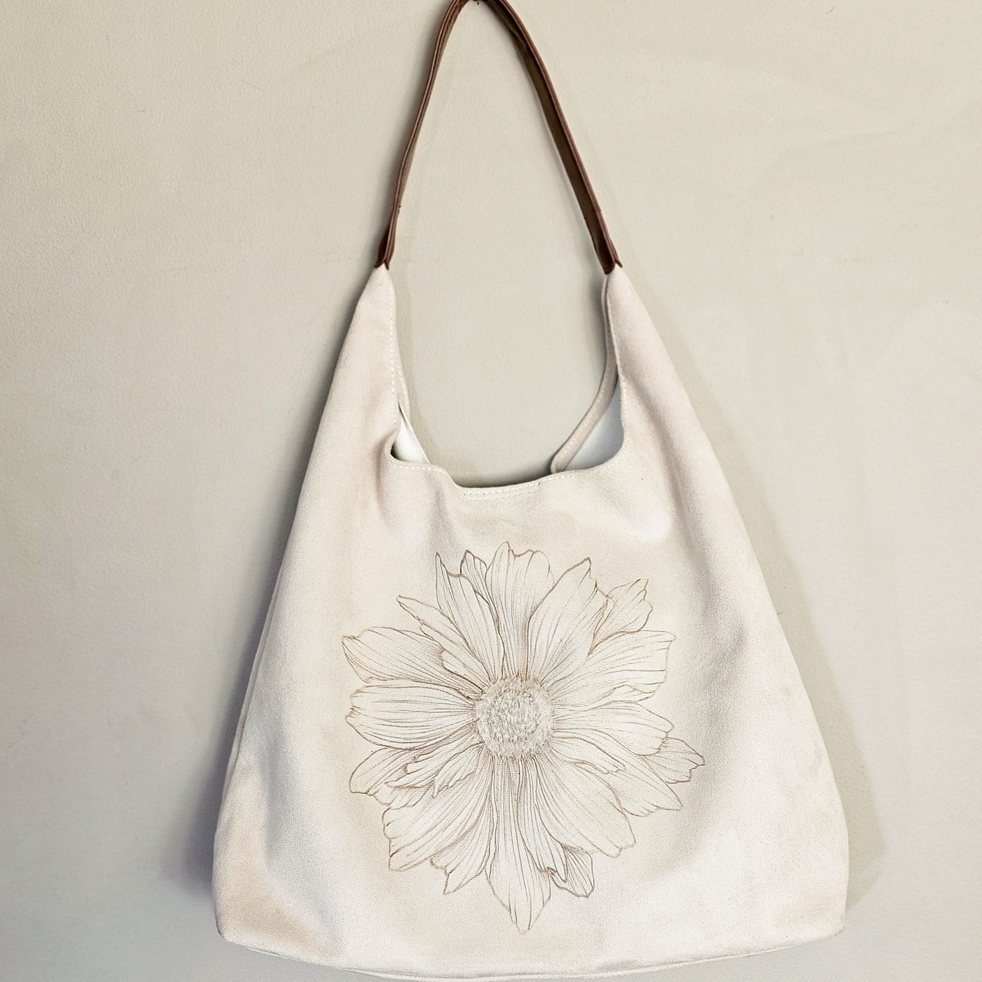 Delightful Dahlia || Freehand Burned Design || Ivory Color Suede Tote Bag
