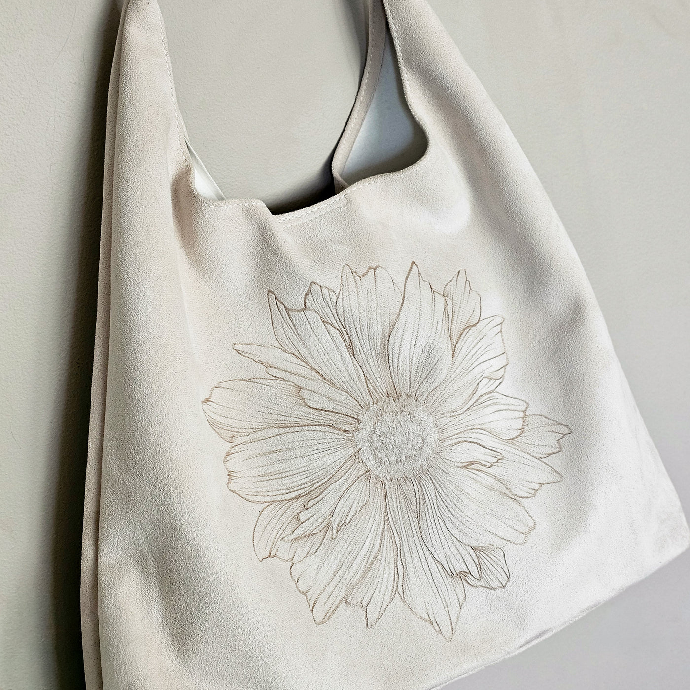 Delightful Dahlia || Freehand Burned Design || Ivory Color Suede Tote Bag