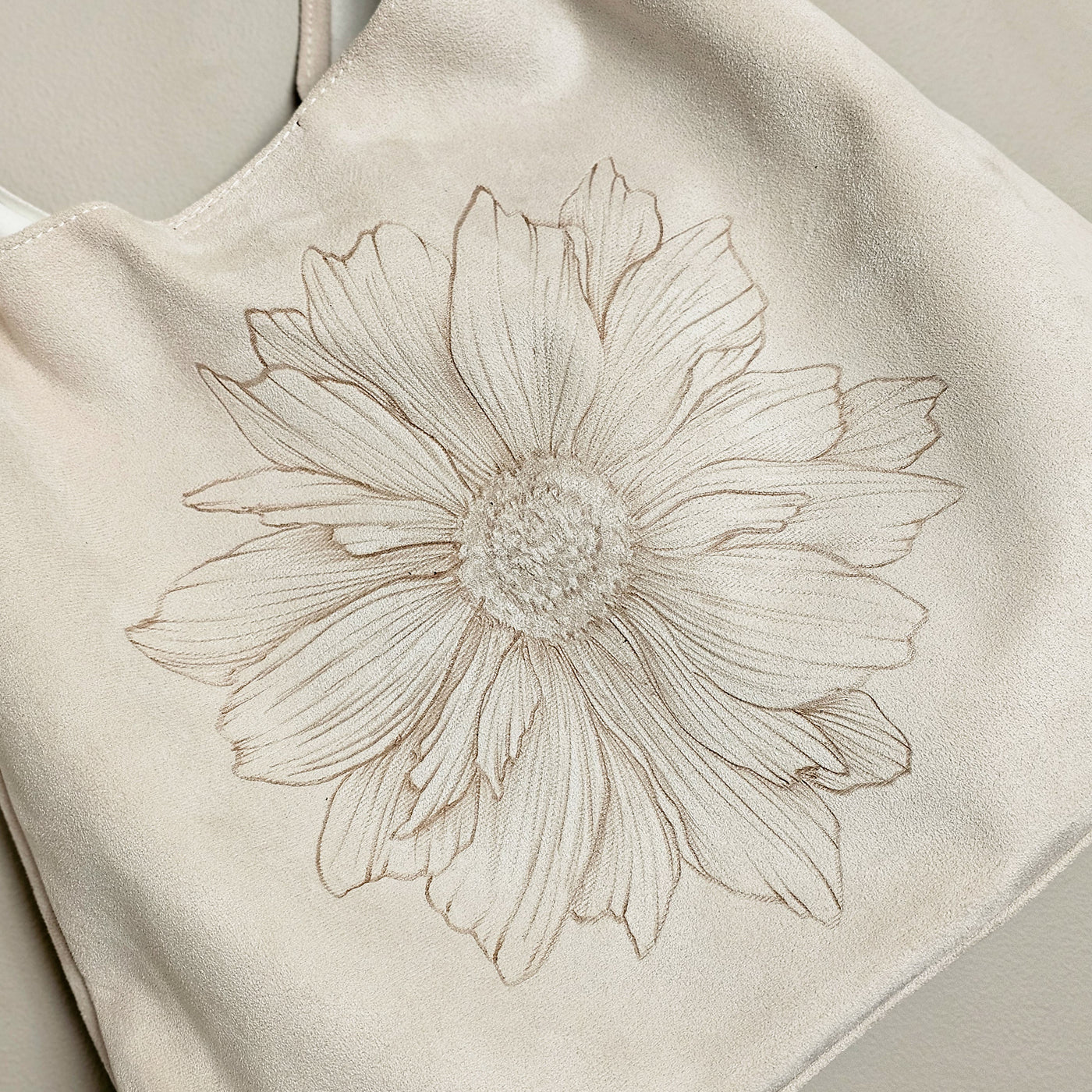 Delightful Dahlia || Freehand Burned Design || Ivory Color Suede Tote Bag
