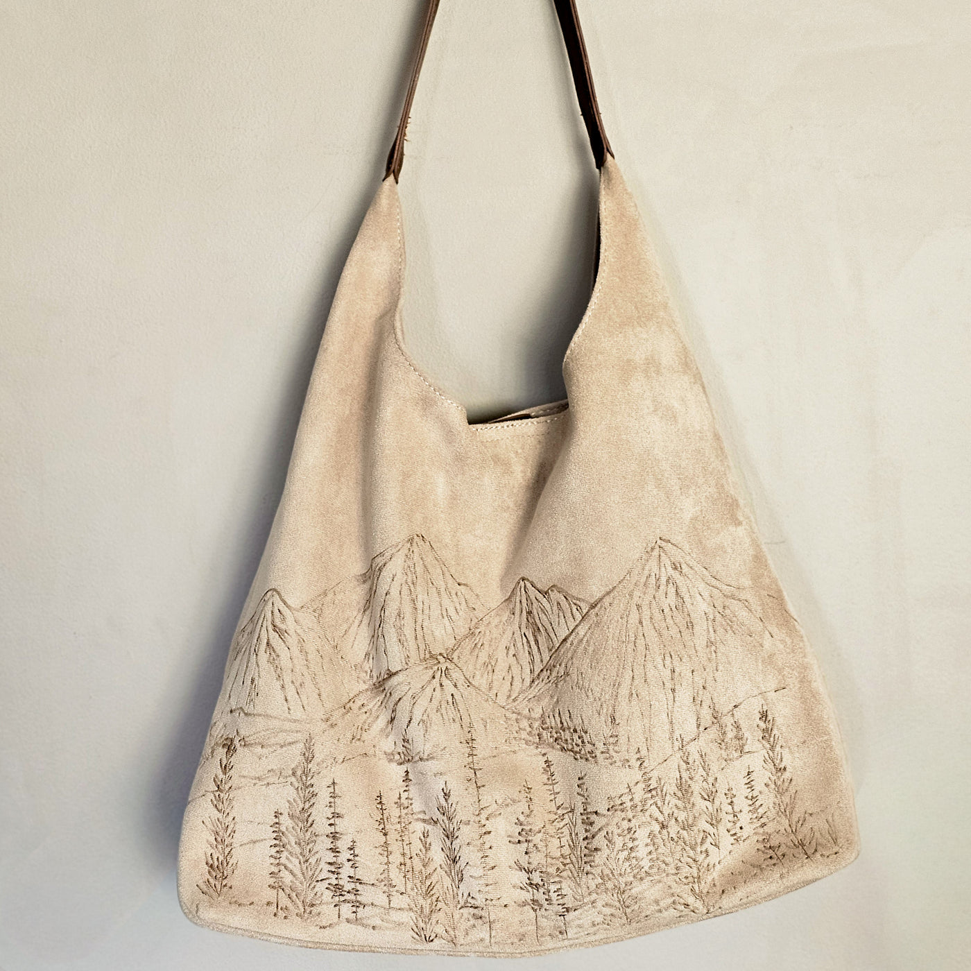 Mountain Views || Freehand Burned Design || Light Tan Color Suede Tote Bag