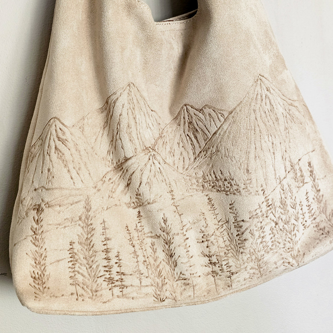 Mountain Views || Freehand Burned Design || Light Tan Color Suede Tote Bag