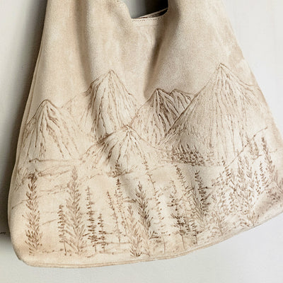 Mountain Views || Freehand Burned Design || Light Tan Color Suede Tote Bag