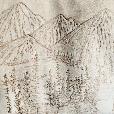 Mountain Views || Freehand Burned Design || Light Tan Color Suede Tote Bag