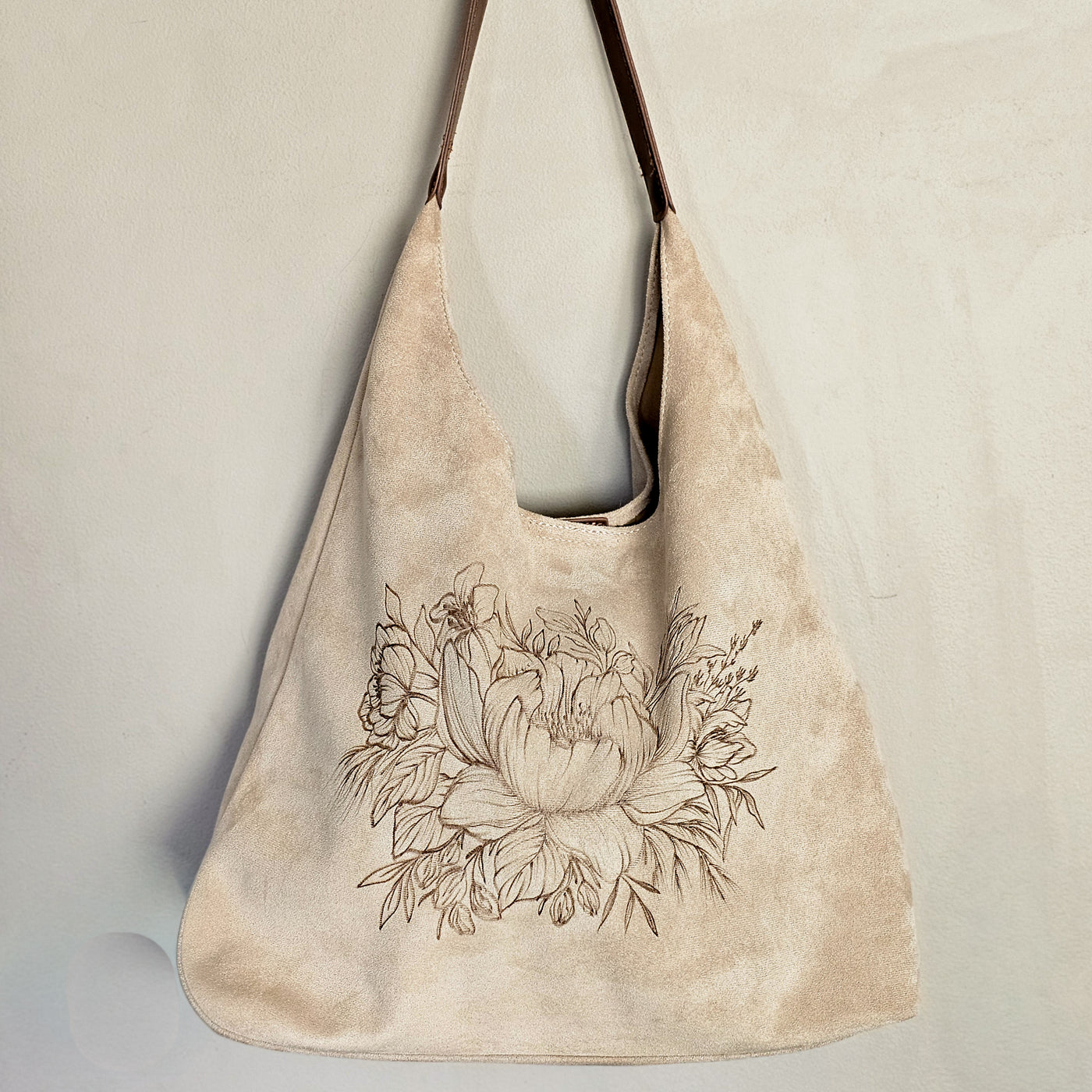 Delightful Dahlia || Freehand Burned Design || Ivory Color Suede Tote Bag