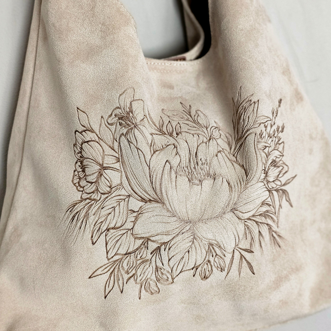 Delightful Dahlia || Freehand Burned Design || Ivory Color Suede Tote Bag