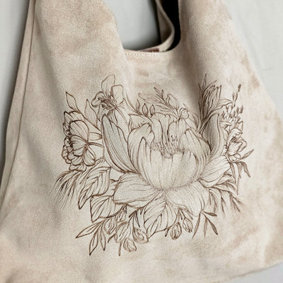 Delightful Dahlia || Freehand Burned Design || Ivory Color Suede Tote Bag
