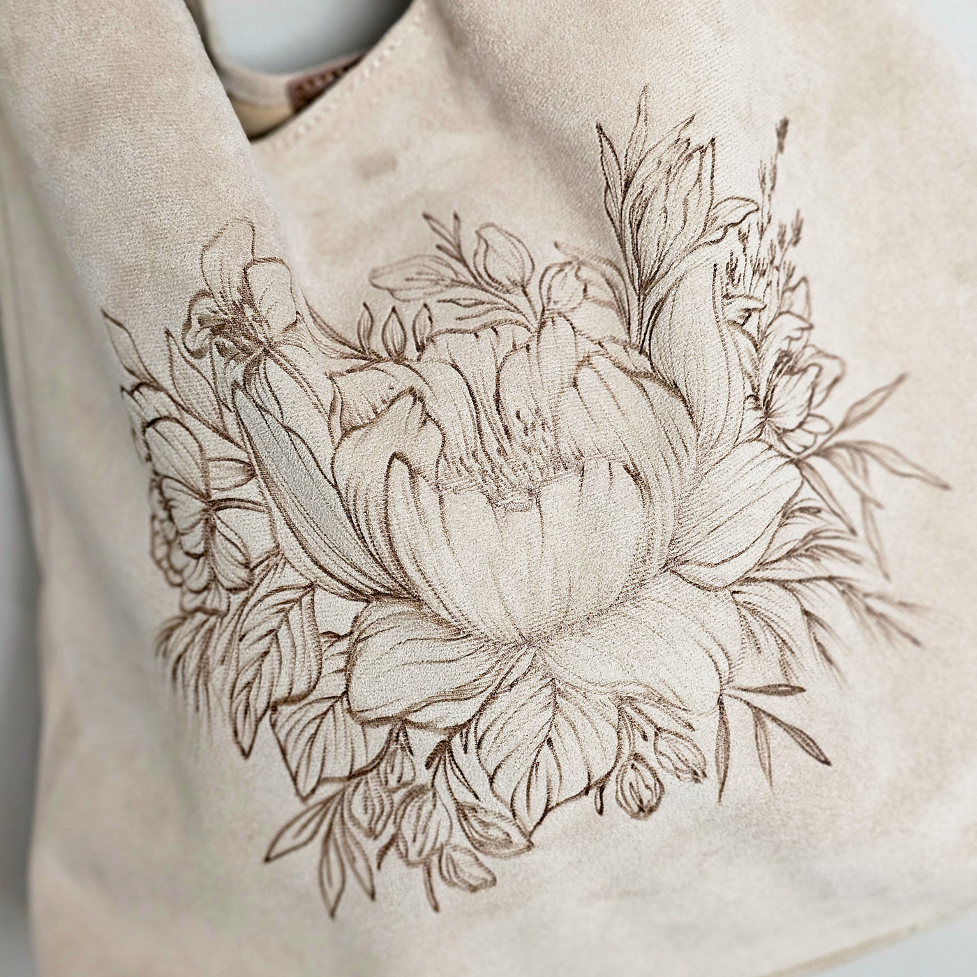 Delightful Dahlia || Freehand Burned Design || Ivory Color Suede Tote Bag