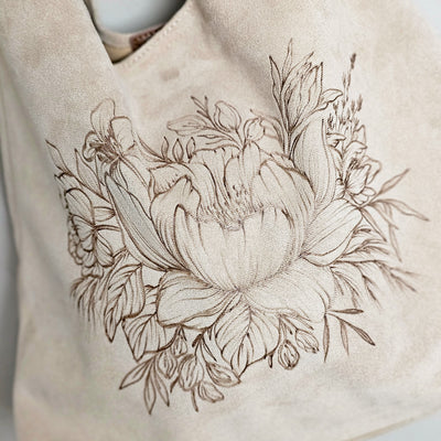 Delightful Dahlia || Freehand Burned Design || Ivory Color Suede Tote Bag