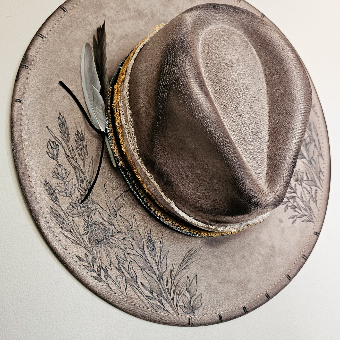 Country Wildflowers || Taupe Suede Burned Wide Brim Hat