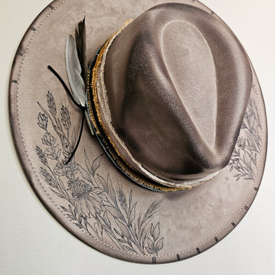 Country Wildflowers || Taupe Suede Burned Wide Brim Hat