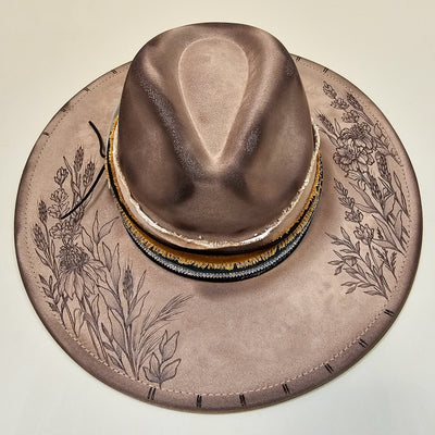 Country Wildflowers || Taupe Suede Burned Wide Brim Hat