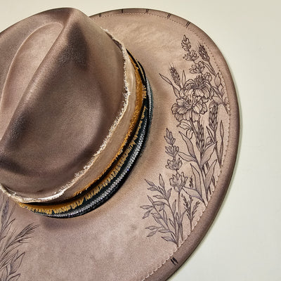 Country Wildflowers || Taupe Suede Burned Wide Brim Hat